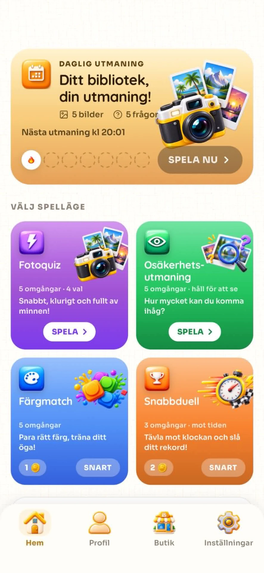 PicEra appskärm med daglig utmaning och spellägen